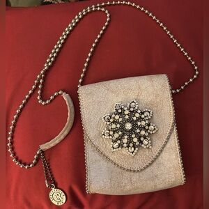 Vintage Leather Rock Jeweled Crossbody Bag 90’s Swarovski Crystal Floral Design